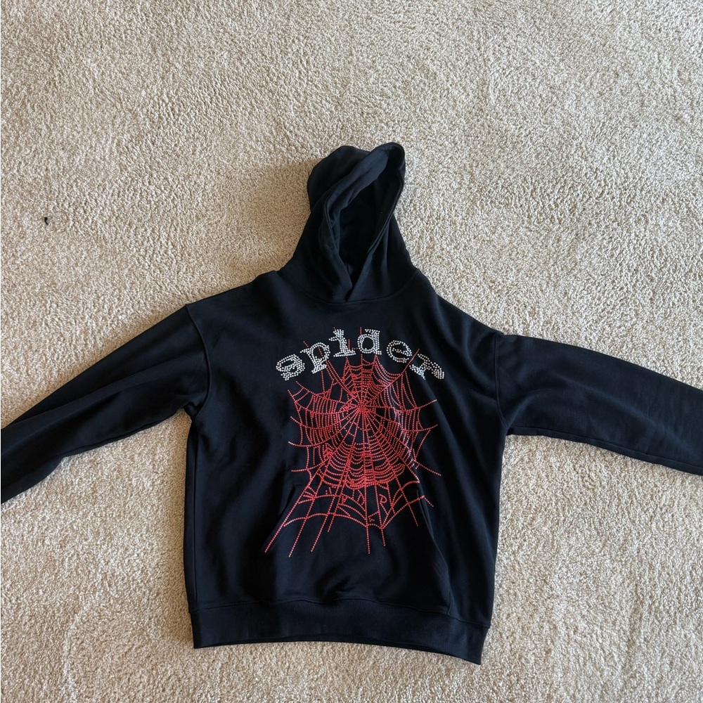 Sp5der OG Rhinestone Logo Black Hoodie Men’s Size XL